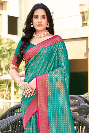 Sea Green Banarasi Silk Saree With Blouse Piece