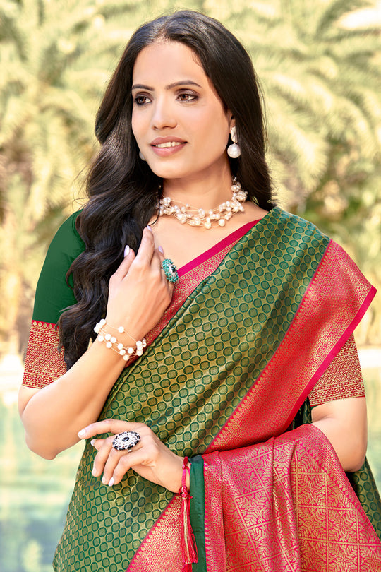 Mehendi Green Banarasi Silk Saree With Blouse Piece