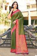 Mehendi Green Banarasi Silk Saree With Blouse Piece