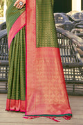 Mehendi Green Banarasi Silk Saree With Blouse Piece