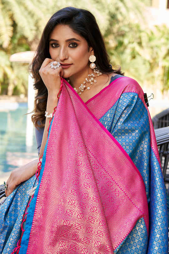 Blue Banarasi Silk Saree With Blouse Piece