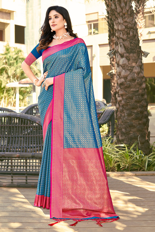 Blue Banarasi Silk Saree With Blouse Piece