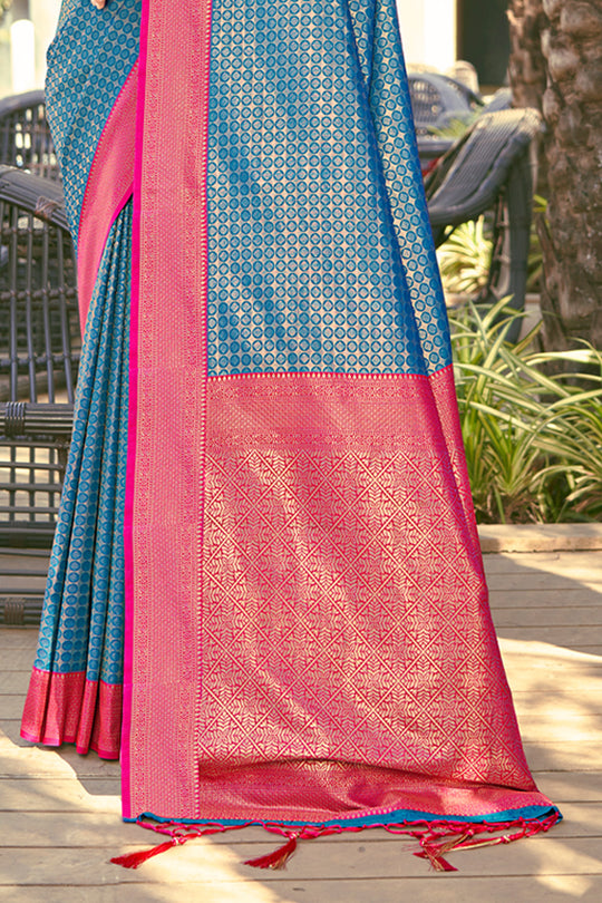 Blue Banarasi Silk Saree With Blouse Piece