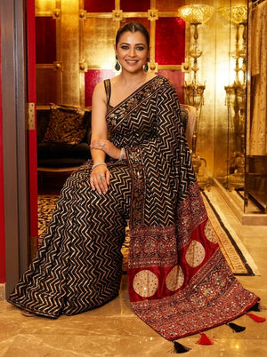 Printed Bandhani Ajrak Mirrorwork Saree