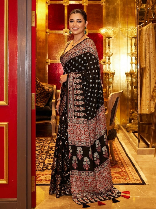 Printed Bandhani Ajrak Mirrorwork Saree