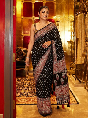 Printed Bandhani Ajrak Mirrorwork Saree