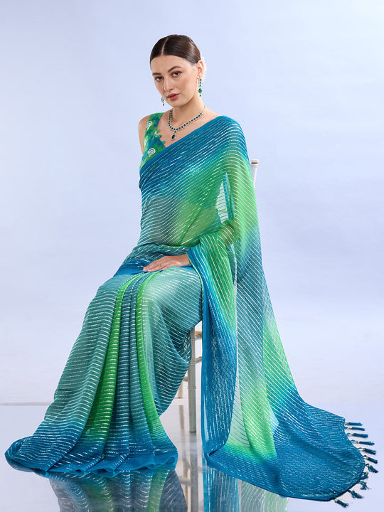Green & Blue Weightless Saree With Blouse Piece