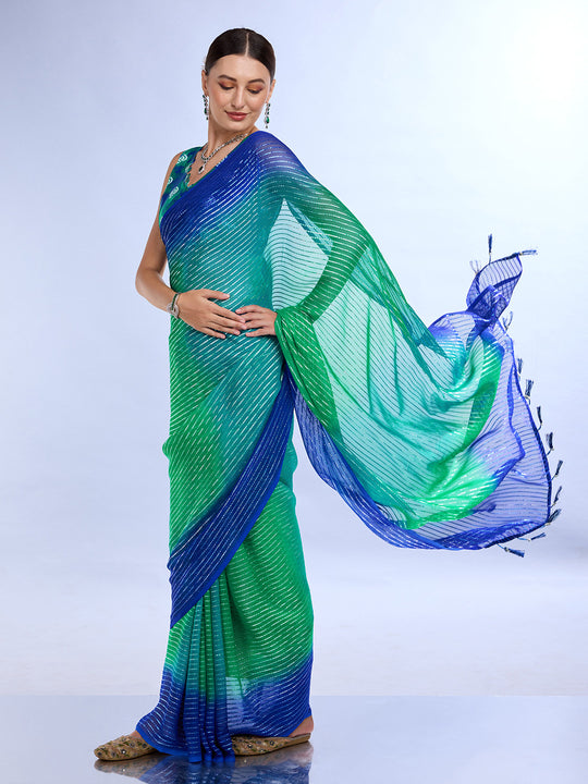 Green & Turquoise Weightless Saree With Blouse Piece