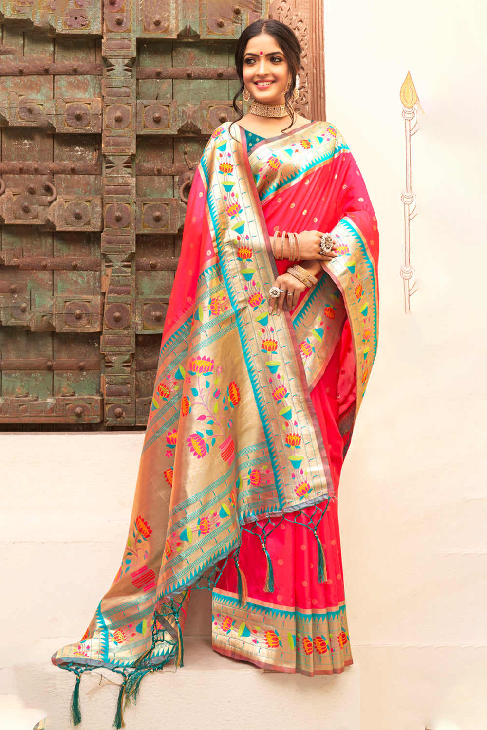 61698 Buy Tomato Red Paithani Saree 61698 Online | Karagiri