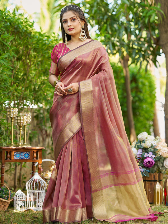 Maroon Tissue  Saree With Blouse Piece