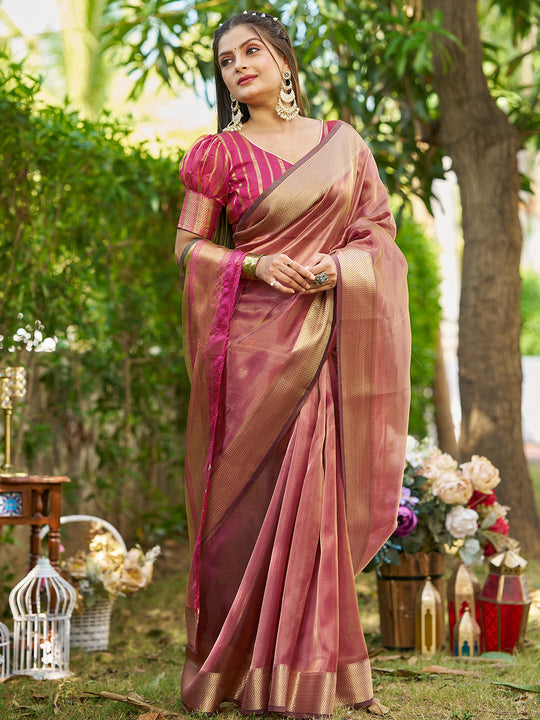 Maroon Tissue  Saree With Blouse Piece