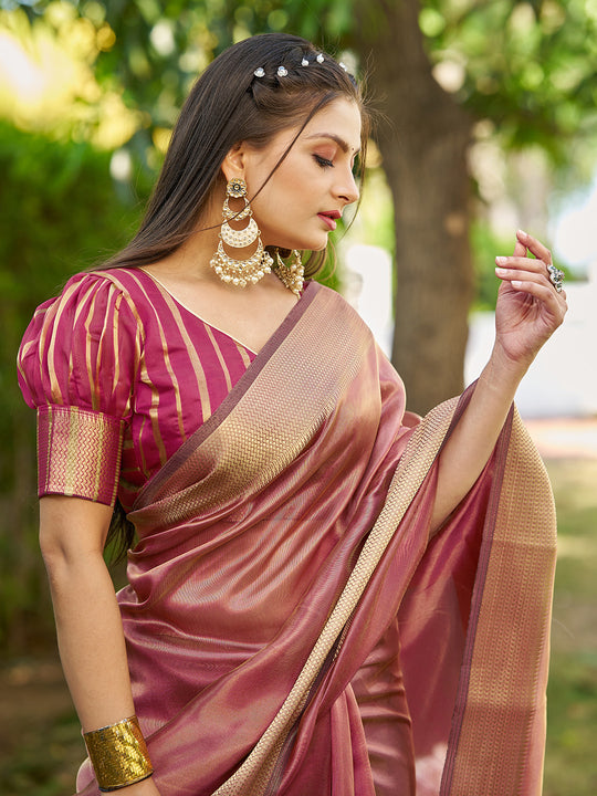 Maroon Tissue  Saree With Blouse Piece