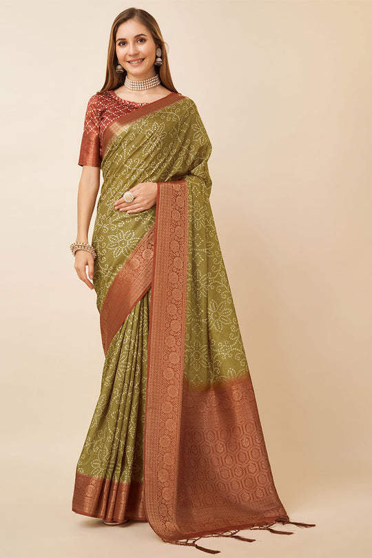 Beige Dola Silk Bandhani Printed Zari Saree