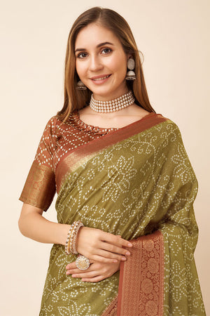 Beige Dola Silk Bandhani Printed Zari Saree