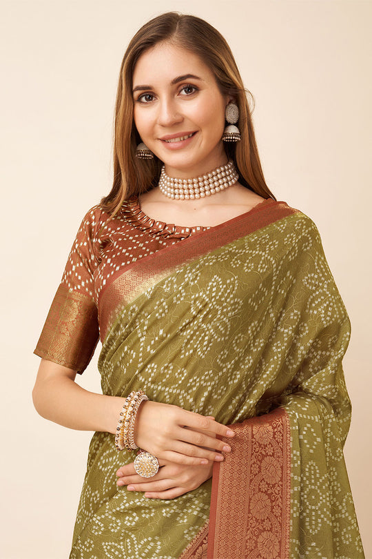 Beige Dola Silk Bandhani Printed Zari Saree