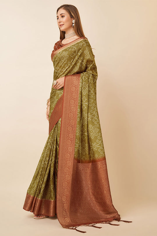 Beige Dola Silk Bandhani Printed Zari Saree