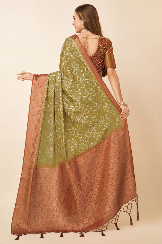 Beige Dola Silk Bandhani Printed Zari Saree