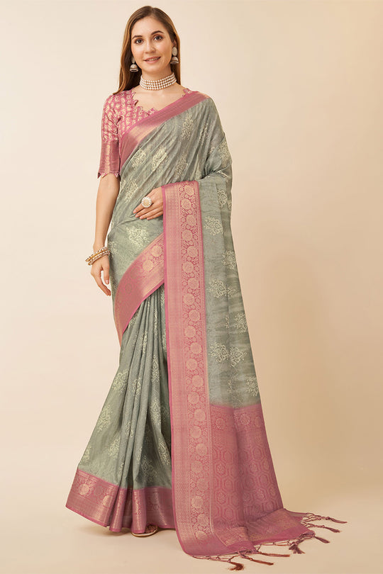 Grey Dola Silk Ethnic Motifs Woven Design Zari Saree