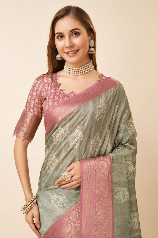 Grey Dola Silk Ethnic Motifs Woven Design Zari Saree