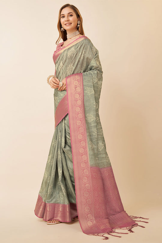 Grey Dola Silk Ethnic Motifs Woven Design Zari Saree