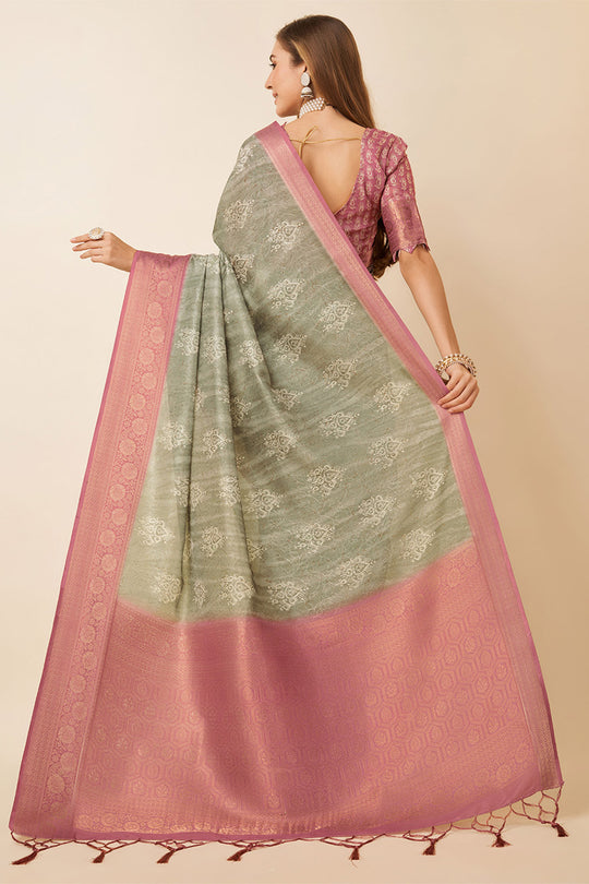 Grey Dola Silk Ethnic Motifs Woven Design Zari Saree