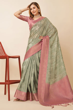 Grey Dola Silk Ethnic Motifs Woven Design Zari Saree