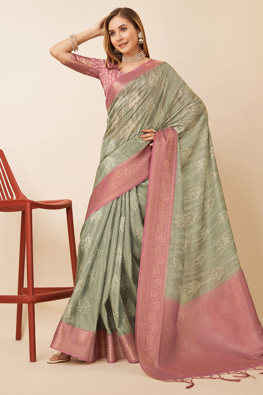 Grey Dola Silk Ethnic Motifs Woven Design Zari Saree