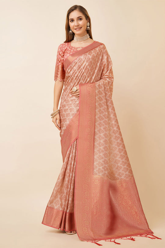 Peach Dola Silk Ethnic Motifs Woven Design Zari Saree