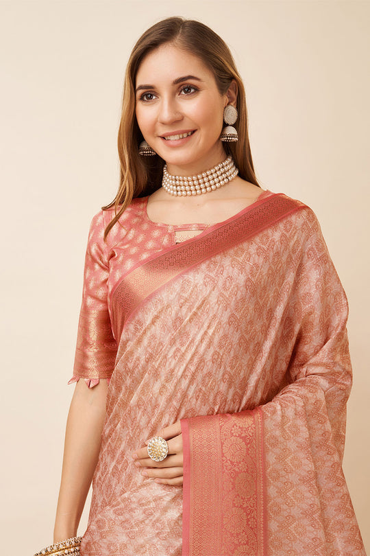 Peach Dola Silk Ethnic Motifs Woven Design Zari Saree