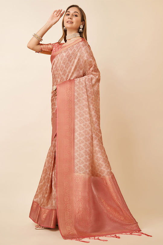 Peach Dola Silk Ethnic Motifs Woven Design Zari Saree