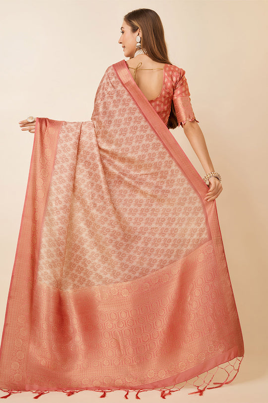 Peach Dola Silk Ethnic Motifs Woven Design Zari Saree