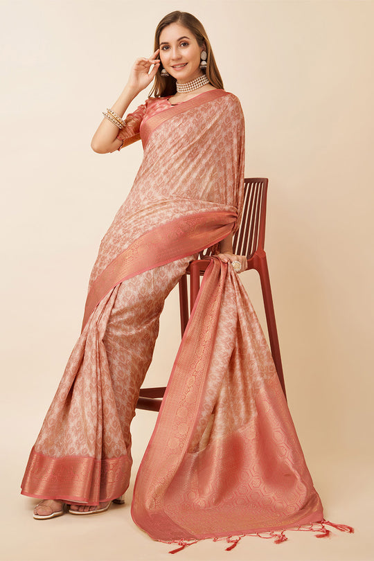 Peach Dola Silk Ethnic Motifs Woven Design Zari Saree