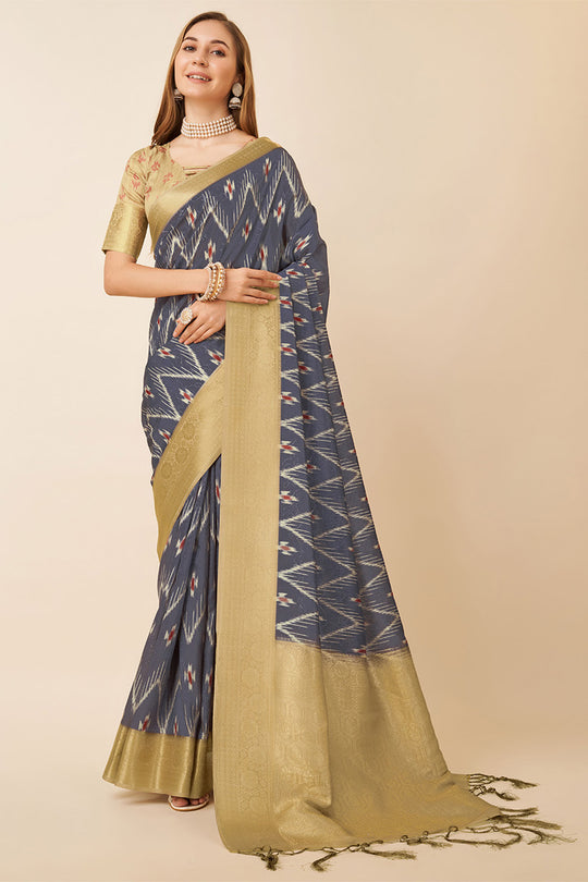 Blue Dola Silk Ethnic Motifs Printed Saree With blouse Piece