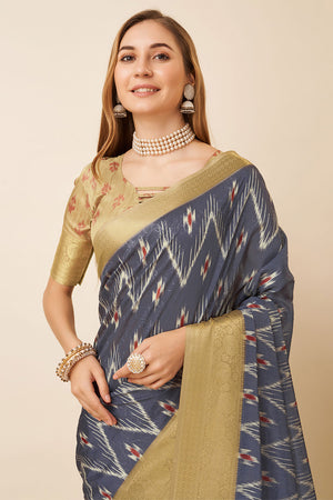 Blue Dola Silk Ethnic Motifs Printed Saree With blouse Piece