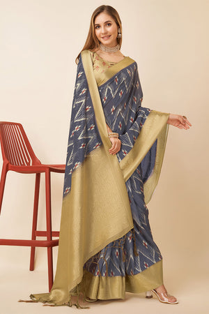 Blue Dola Silk Ethnic Motifs Printed Saree With blouse Piece