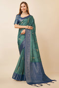 Teal Dola Silk Ethnic Motifs Printed Zari Saree