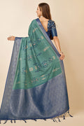 Teal Dola Silk Ethnic Motifs Printed Zari Saree