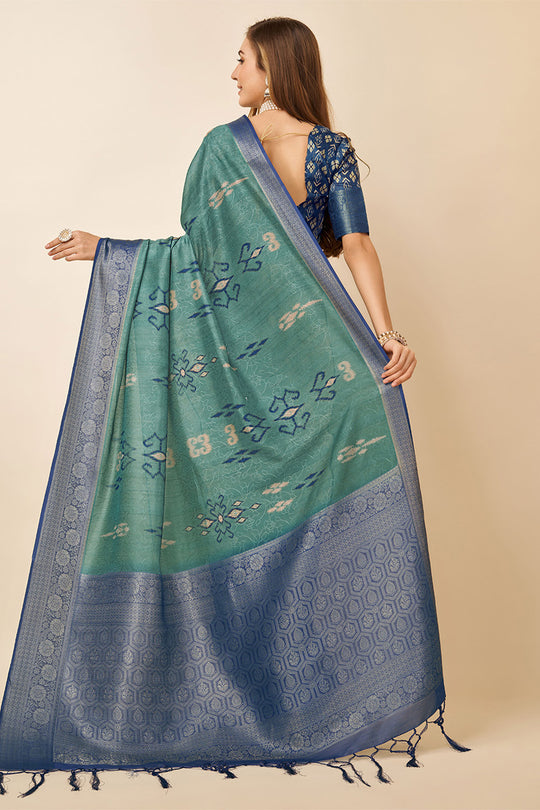 Teal Dola Silk Ethnic Motifs Printed Zari Saree