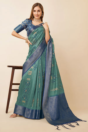 Teal Dola Silk Ethnic Motifs Printed Zari Saree