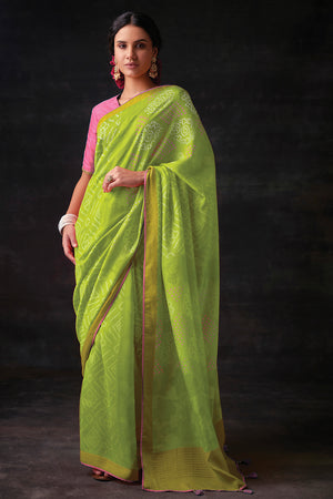 Womens Silk Blend Lawn Green Saree With Blouse Piece