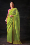 Womens Silk Blend Lawn Green Saree With Blouse Piece