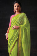 Womens Silk Blend Lawn Green Saree With Blouse Piece