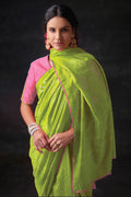 Womens Silk Blend Lawn Green Saree With Blouse Piece