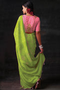Womens Silk Blend Lawn Green Saree With Blouse Piece