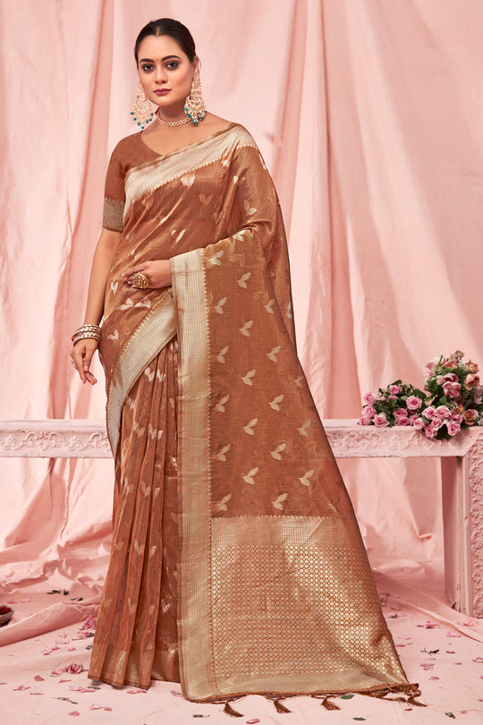 Brown Zari Woven Kota Cotton Saree With Blouse Piece