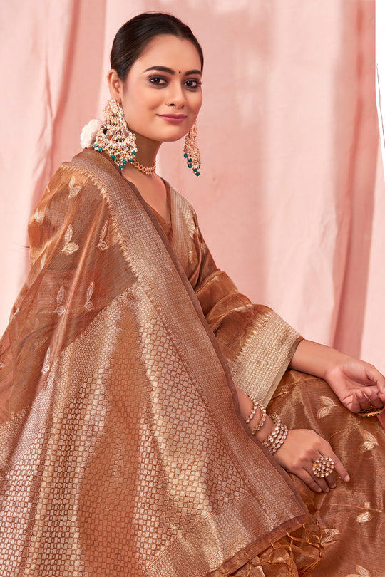Brown Zari Woven Kota Cotton Saree With Blouse Piece