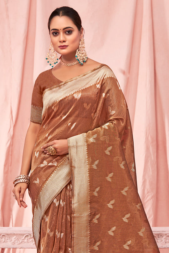 Brown Zari Woven Kota Cotton Saree With Blouse Piece
