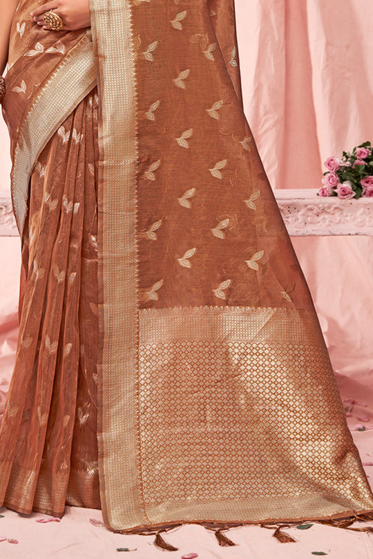 Brown Zari Woven Kota Cotton Saree With Blouse Piece