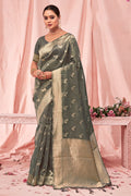 Grey Zari Woven Kota Cotton Saree With Blouse Piece