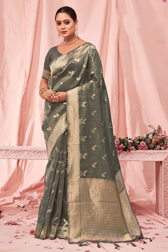Grey Zari Woven Kota Cotton Saree With Blouse Piece